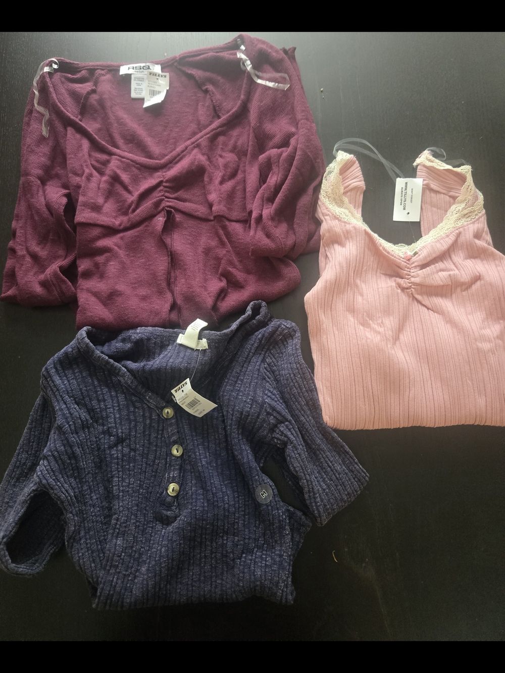 RSQ Women's Three-Pack Tops — Blush Pink Cami, Plum Tee, Navy Ribbed Henley